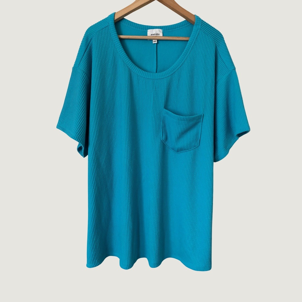 Andree by Unit Womens 2X Turquoise Blue Waffle Knit Pocket T-Shirt Casuak